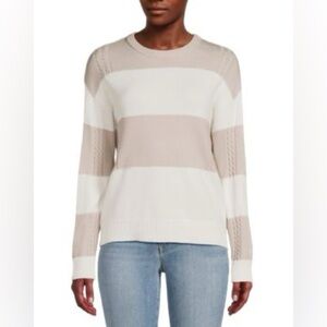 T Tahari Thick Stripe Colorblock Pullover Sweater White Beige Sz M